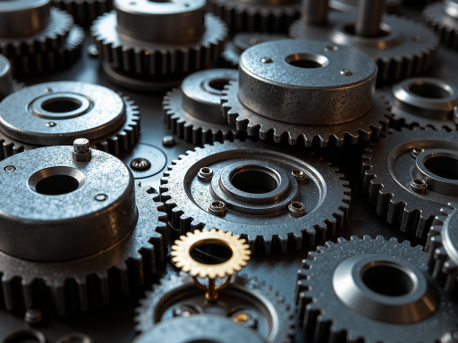 Industrial metal components including gears, brackets and mechanical parts in manufacturing facility