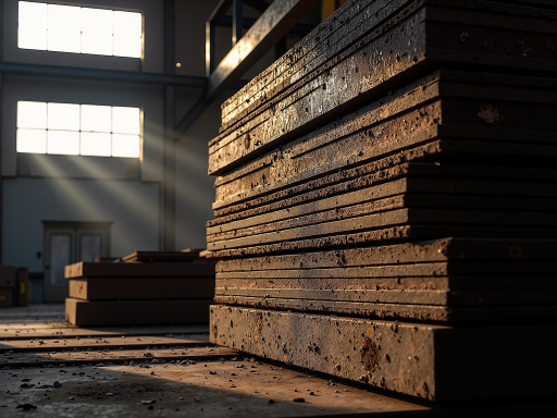 Steel products collection showing various steel bars, sheets and structural components in industrial setting